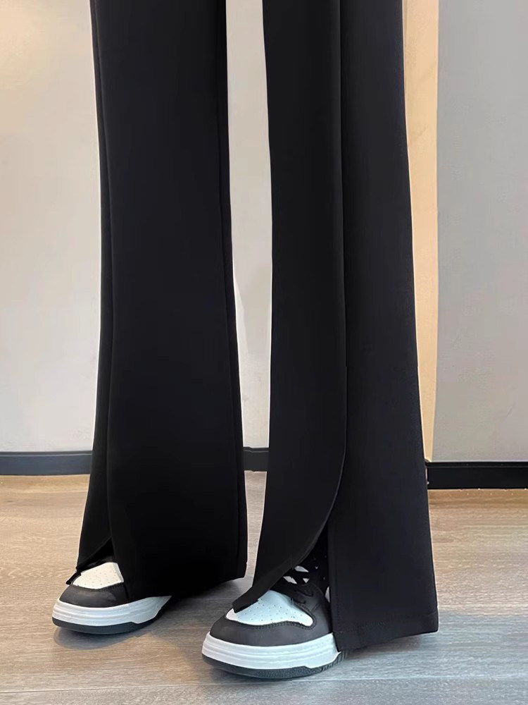 开叉西装裤女夏季高腰垂感显瘦小个子微喇裤黑色微喇叭窄版阔腿裤