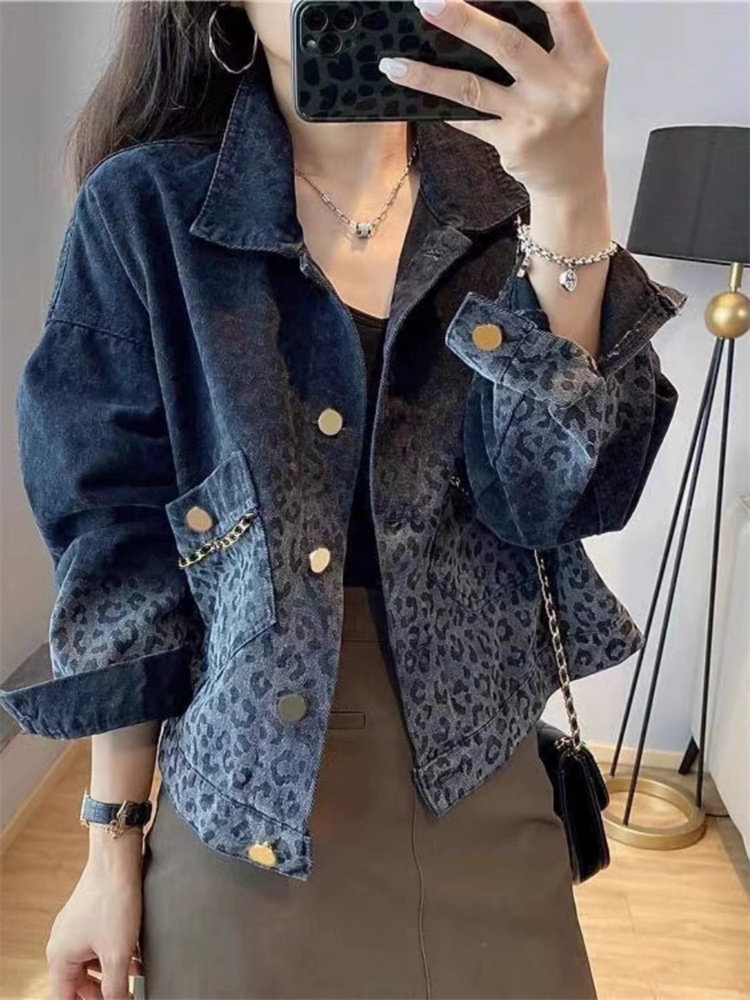 豹纹牛仔外套女2025夏季新款设计感渐层色Polo领宽松显瘦短款上衣,女装/女士精品,短外套,淘宝优惠券,粉丝福利购,淘宝优惠卷