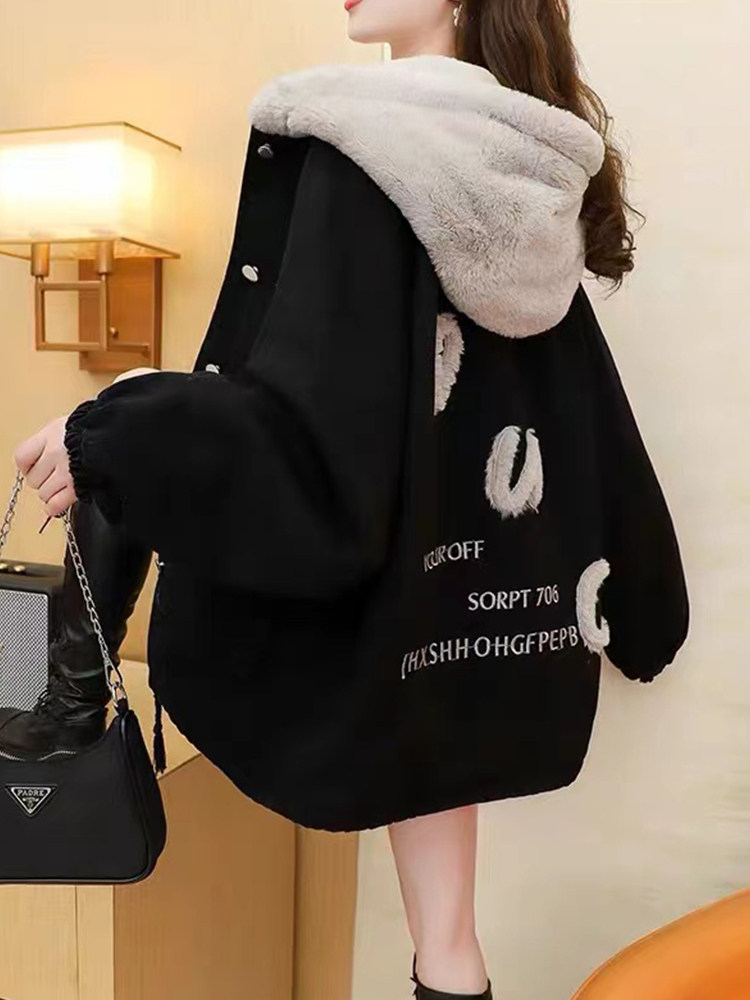 黑色连帽棒球服外套女2025秋季新款宽松加绒加厚时尚休闲派克服潮