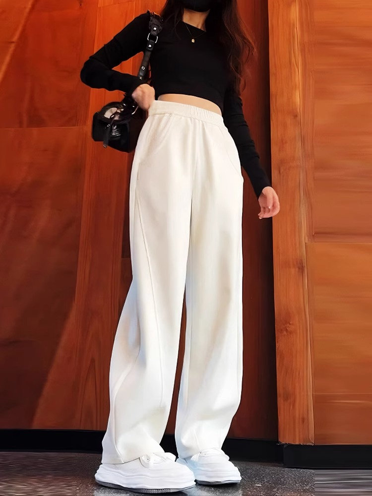 白色运动裤女夏季高腰垂感显瘦阔腿香蕉裤夏季小个子直筒休闲 厚