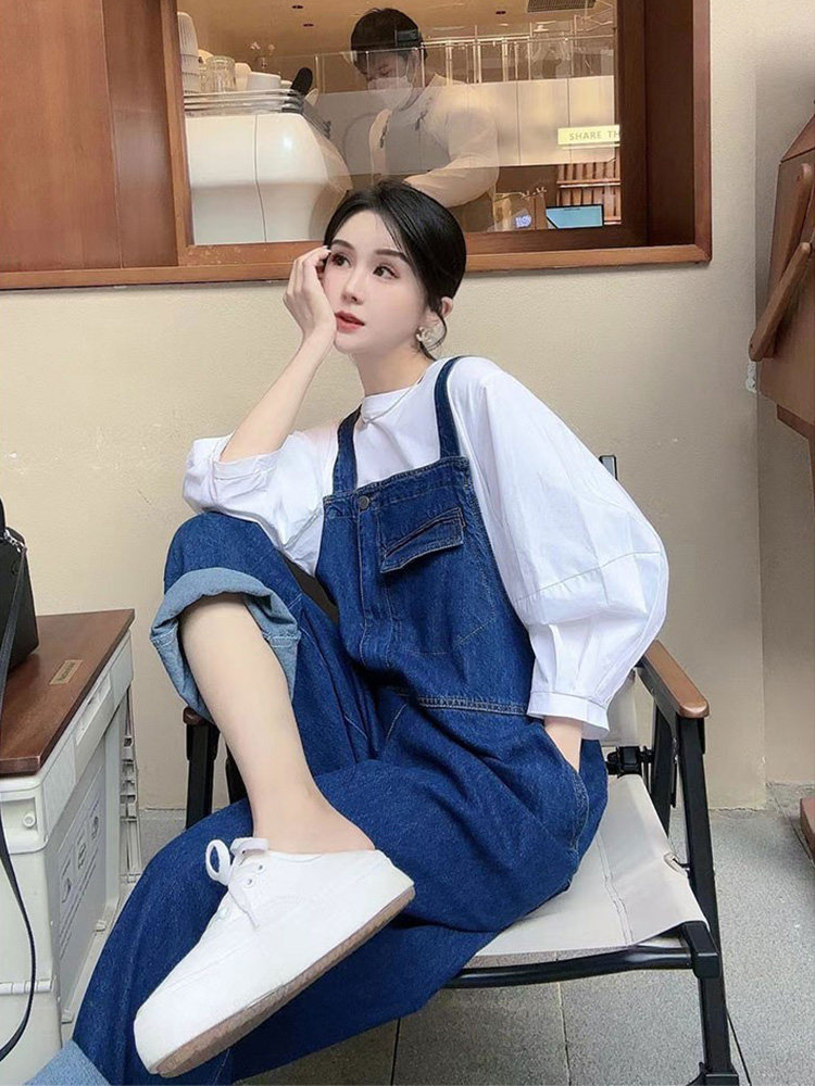 小个子牛仔背带裤女2024春秋新款设计感高腰宽松遮肉显瘦阔腿裤潮