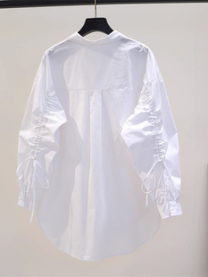 白色长袖衬衫女士春秋新款设计感抽绳系带宽松中长款别致漂亮小衫