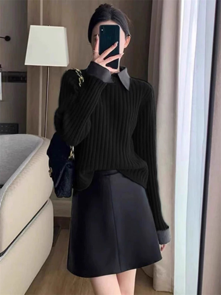 黑色圆领针织衫女士2025夏季新款设计感拼接衬衫领假两件百搭上衣