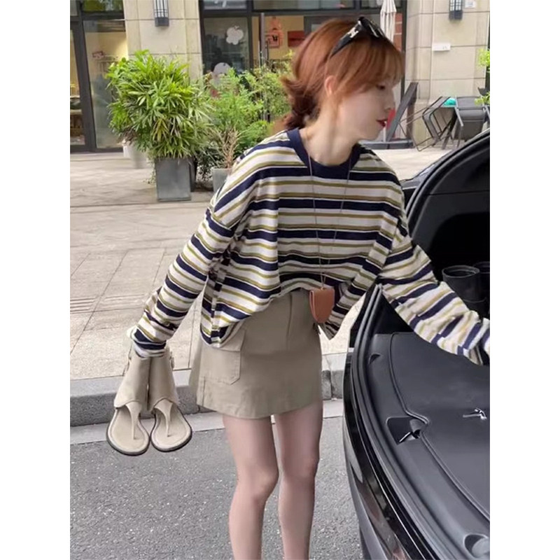 撞色条纹打底衫女士2025秋季新款韩系松弛感通勤内搭长袖T恤上衣