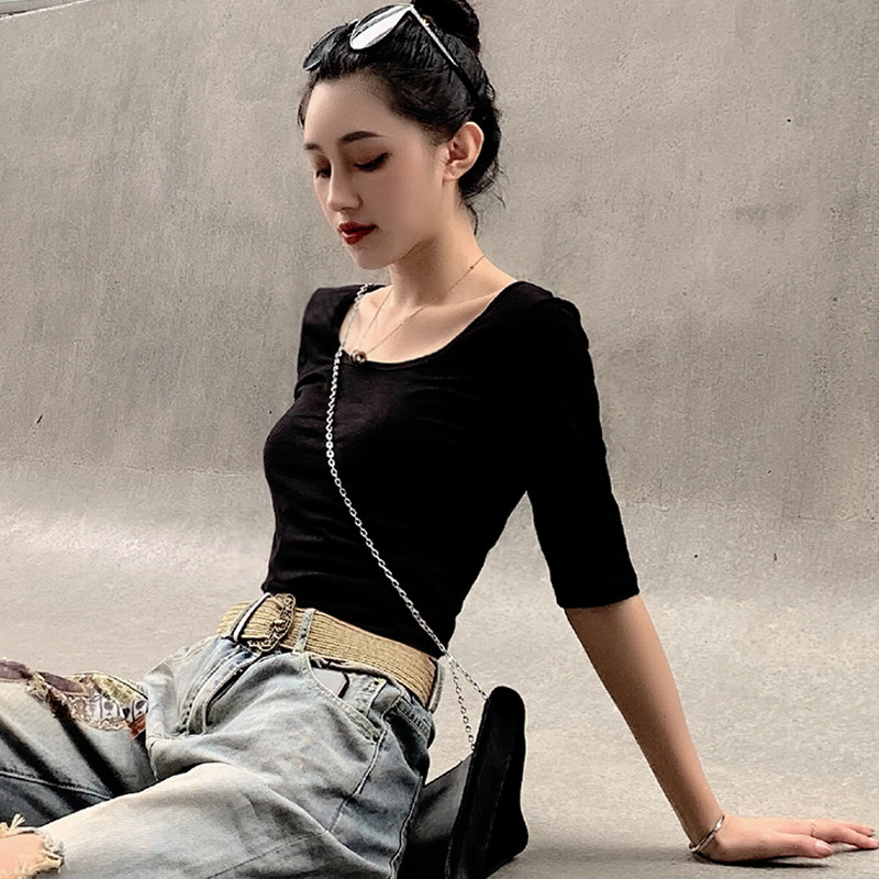 黑色中袖T恤女士2024夏季新款修身显瘦内搭打底衫薄款五分袖上衣
