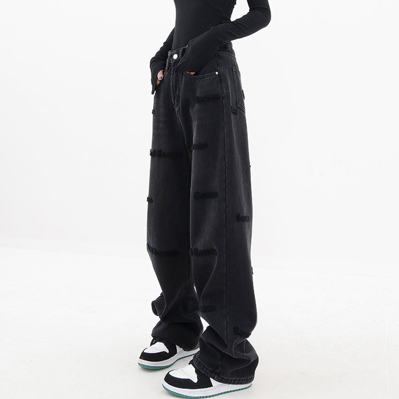 黑色阔腿牛仔裤女2025夏季新款美式设计感大码高腰显瘦拖地直筒裤,女装/女士精品,牛仔裤,淘宝优惠券,粉丝福利购,淘宝优惠卷