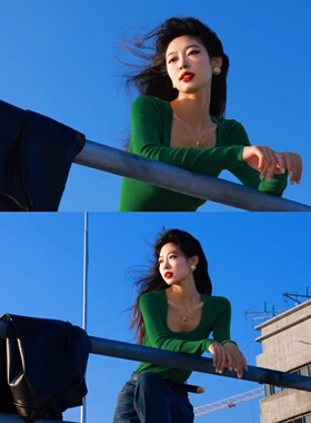 绿色方领长袖针织衫女士2025秋季新款修身显瘦套头上衣内搭打底衫