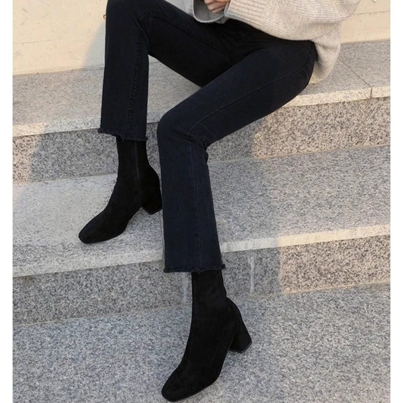 黑色高腰九分微喇叭牛仔裤女士秋冬小个子显高修身加绒直筒烟管裤