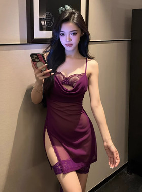娇俏蕾丝*性感吊带紫色睡衣女纯欲镂空精致蕾丝高级感绝美睡裙