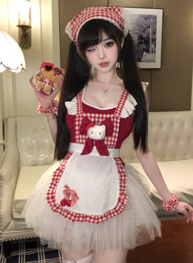 甜心Kitty*性感纯欲风猫女仆围裙可爱厨娘蝴蝶结樱桃格子连体衣女