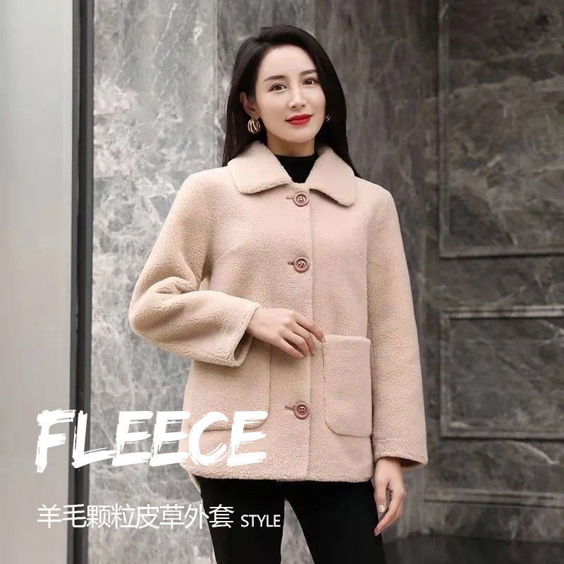 初秋上衣宽松皮毛一体羊剪绒短款羊羔毛绒外套女羊毛