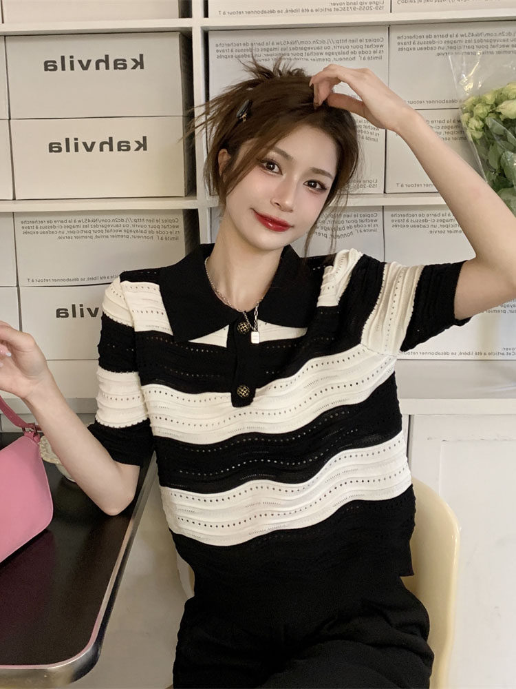 코튼 컬러 여름 새로운 디자인 틈새 웨이브 패턴 스웨터 여성 폴로 칼라 스트라이프 반팔 티셔츠 탑