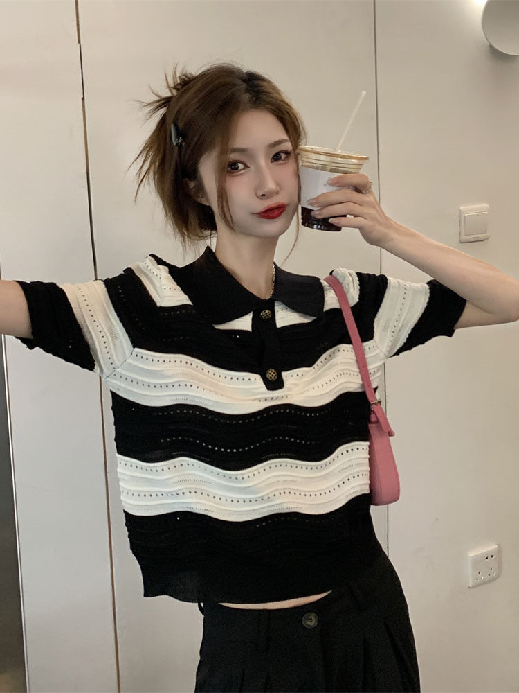 코튼 컬러 여름 새로운 디자인 틈새 웨이브 패턴 스웨터 여성 폴로 칼라 스트라이프 반팔 티셔츠 탑