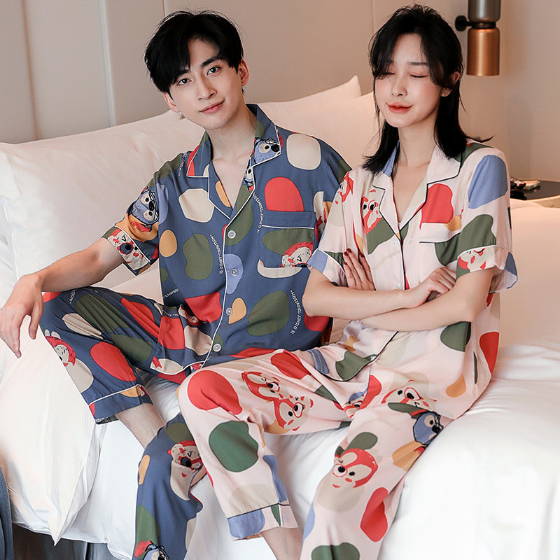 新款棉绸情侣睡衣男女爱心春夏短袖长裤人造棉家居服长袖可爱套装