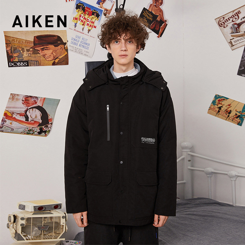 aiken/爱肯2019冬男女同款 宽松连帽加厚羽绒服男潮流长款情侣装