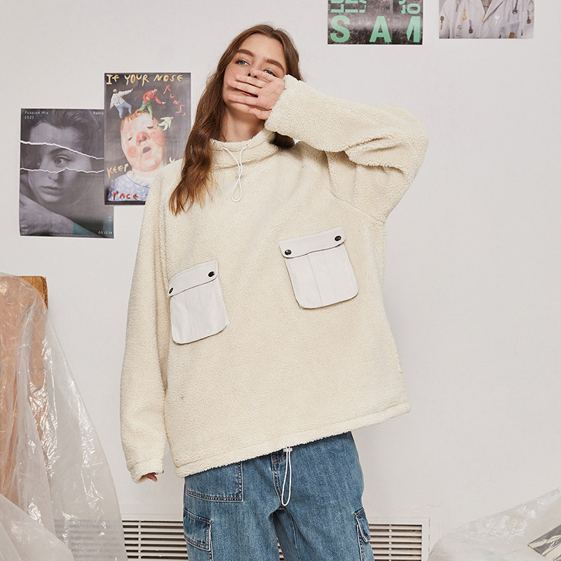 aiken/爱肯2019冬新款立领中长款卫衣外套男宽松连肩袖夹克情侣装