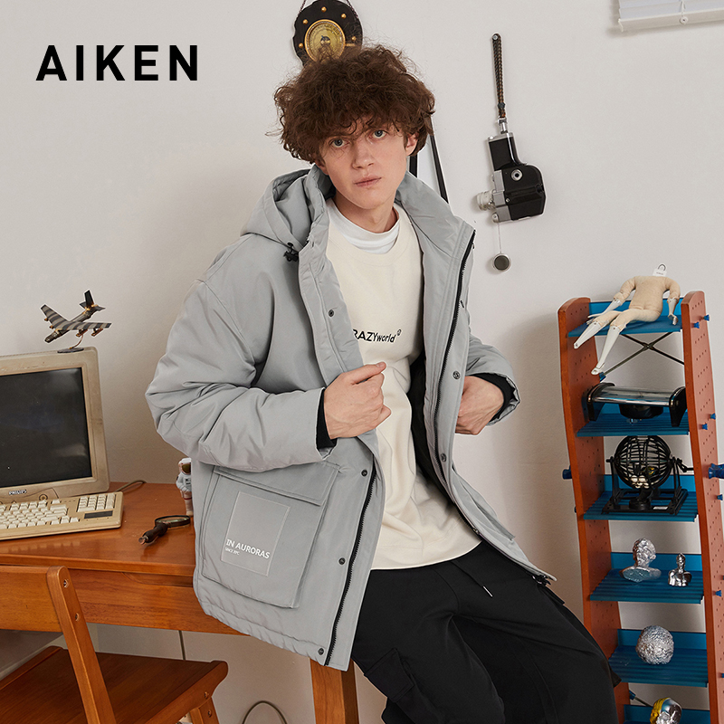 aiken/爱肯2019冬季新款纯色潮流百搭宽松立领中长款连帽羽绒服男