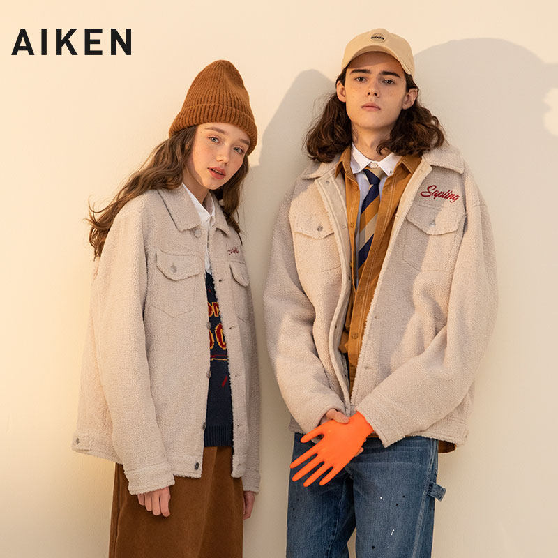 aiken/爱肯2019秋冬新款绒感复合短外套男刺绣宽松翻领夹克情侣装