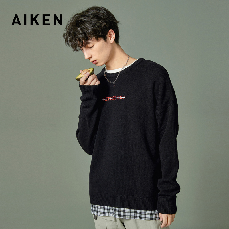 aiken/爱肯2019春秋新款宽松套头纯色卫衣男情侣长袖套头衫