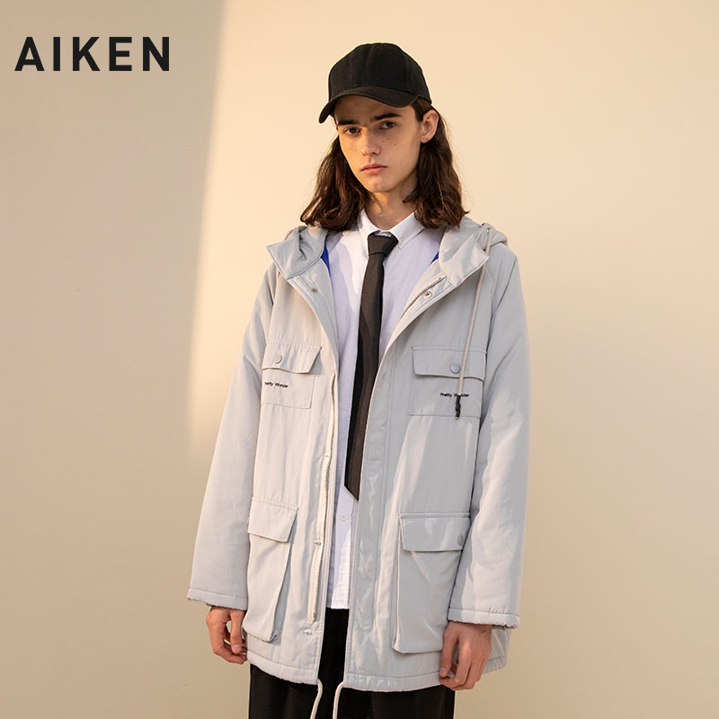aiken/爱肯2019冬季新款工装口袋棉服复古宽松连帽棉衣加厚情侣装