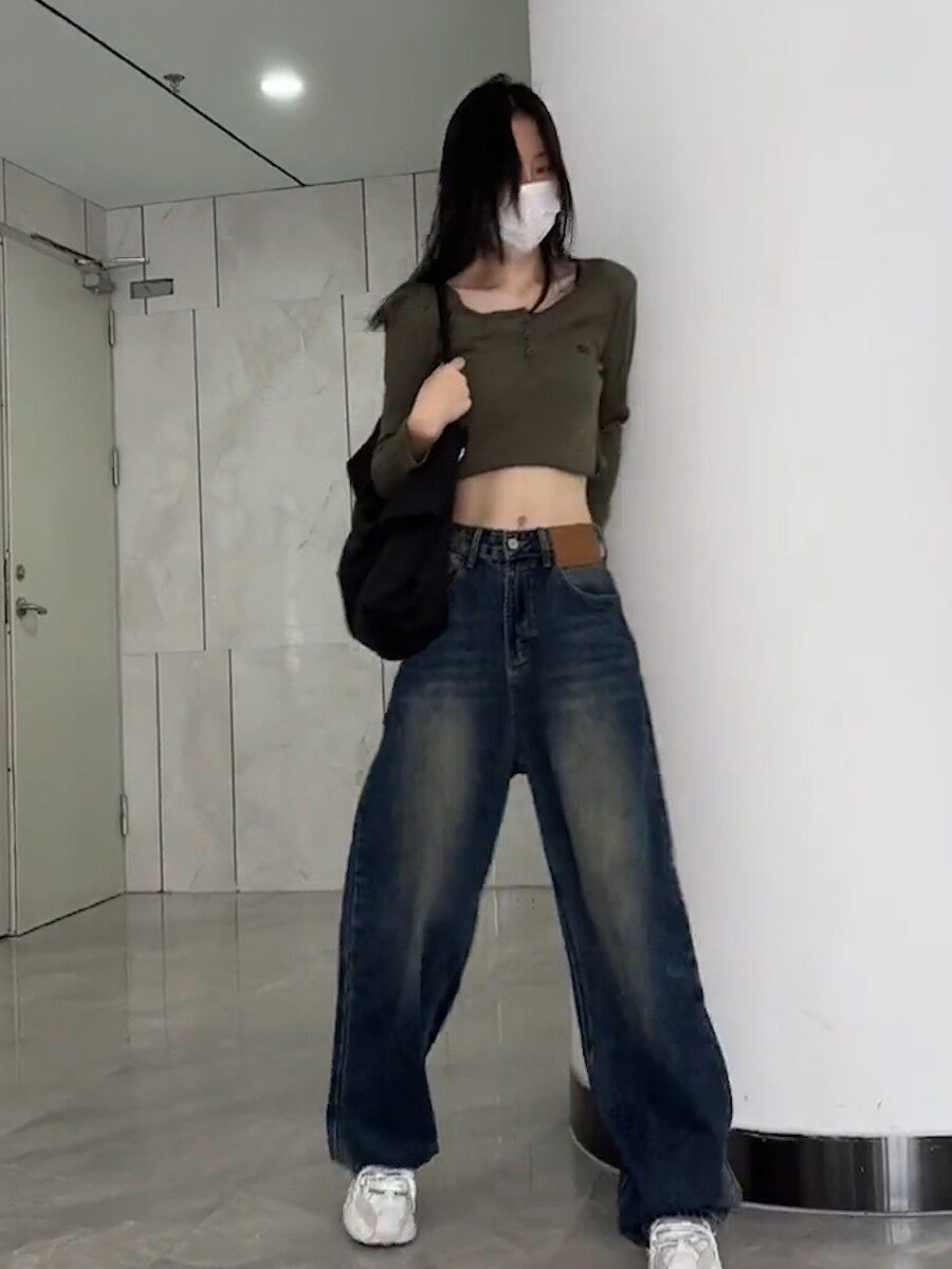 가을 그라데이션 색상 하이 웨스트 청바지 2023 새로운 스타일 세련된 고급 바닥 청소 넓은 다리 바지 유행