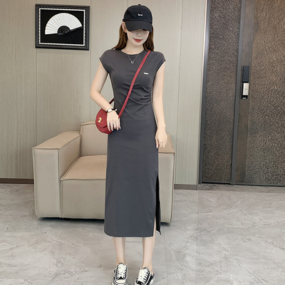 气质休闲显瘦长款褶皱开叉连衣裙