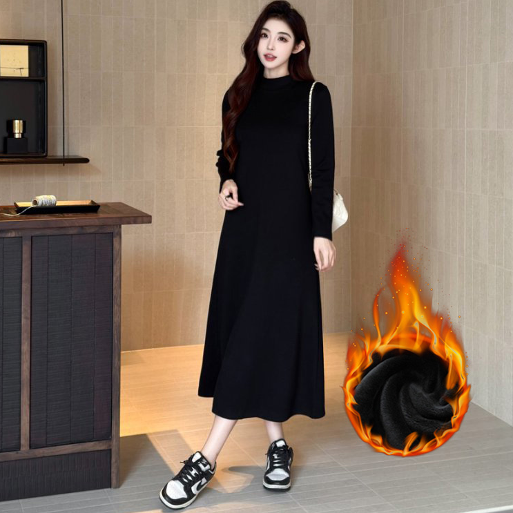 不起球 不掉色 百搭老钱风女装百搭显瘦半高领长裙配大衣连衣裙