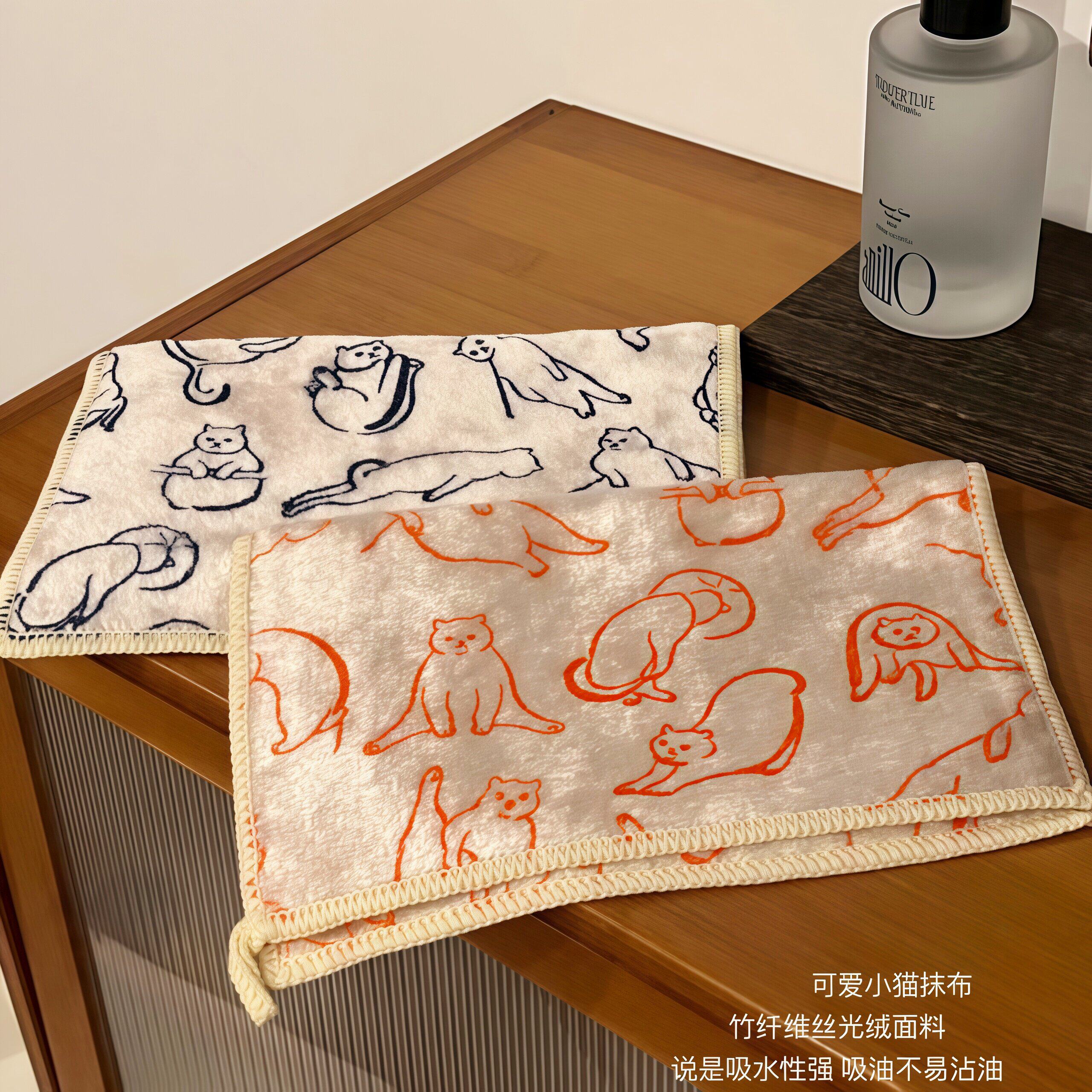 厨房卡通猫咪竹纤维洗碗巾可挂吸水抹布不易沾油擦桌子擦玻璃家用