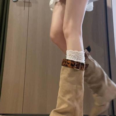 时髦辣妹尖头豹纹裤管靴女秋季新款气质坡跟皮带扣中筒骑士靴长靴