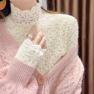 高领蕾丝打底衫 收腰加厚加绒中领网纱1219e 女内搭毛衣洋气秋冬季