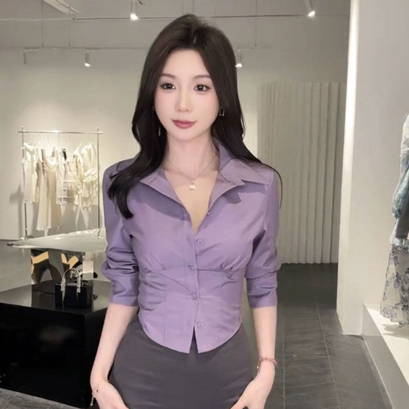 纯欲收腰紫色衫女七分袖修身春法式掐腰短版衬衫OL制服上班服上衣