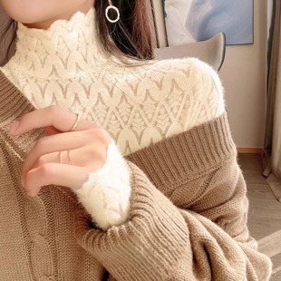 高领蕾丝打底衫 女内搭毛衣洋气质秋冬磨毛加厚加绒中领网纱1219e