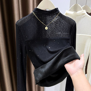 加绒长袖 好看高领厚款 内搭网纱小衫 女秋冬季 上衣1219e 蕾丝打底衫
