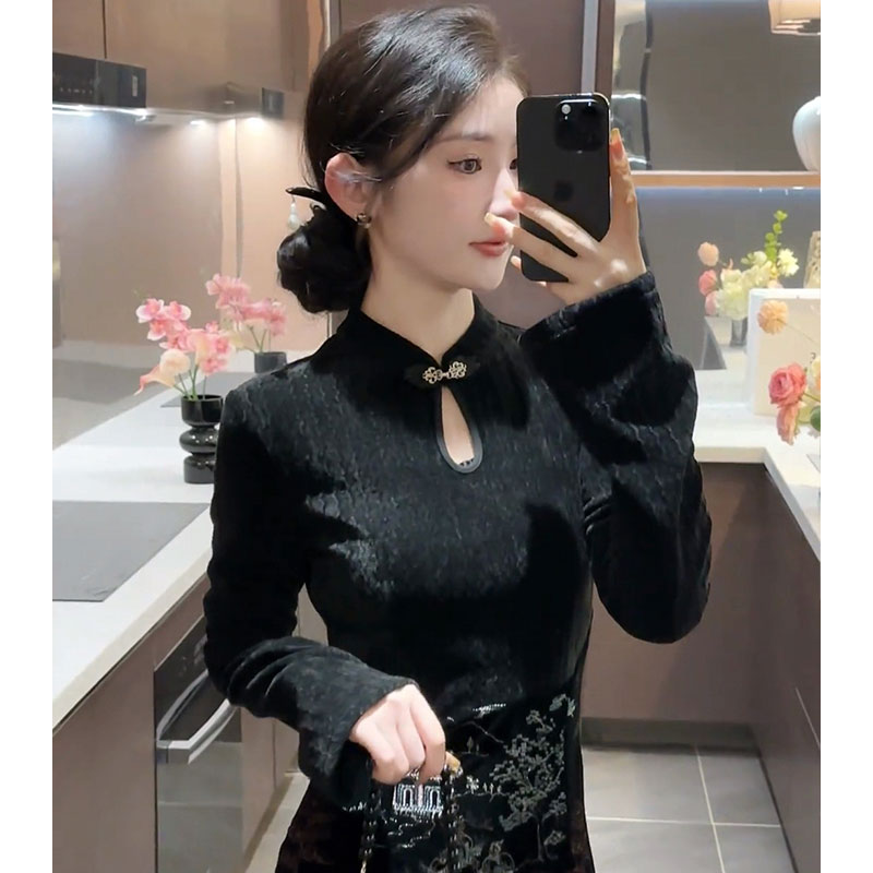 新中式轻国风盘口立领打底衫女内搭可外穿冬修身金丝绒上衣1208w