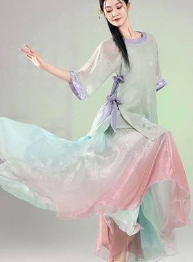 夜泊秦淮舞蹈服装圆领明制大码上衣青衫古典舞套装演出服大摆裙艺