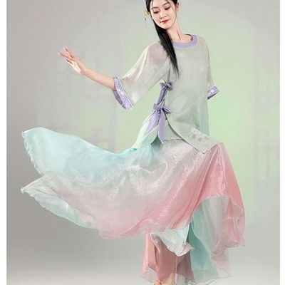 夜泊秦淮舞蹈服装圆领明制大码上衣青衫古典舞套装演出服大摆裙艺