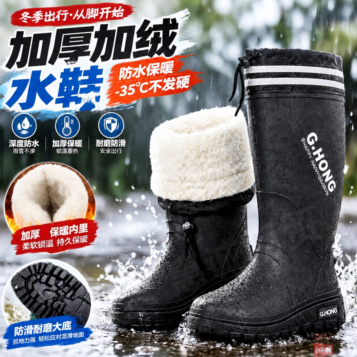 3531加绒保暖防滑男高筒雨鞋