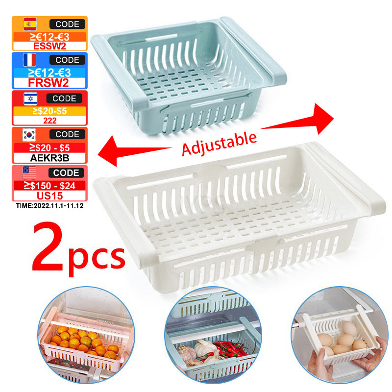 1-2Pcs Kitchen Organizer Fridge Storage Drawer Box Extendabl