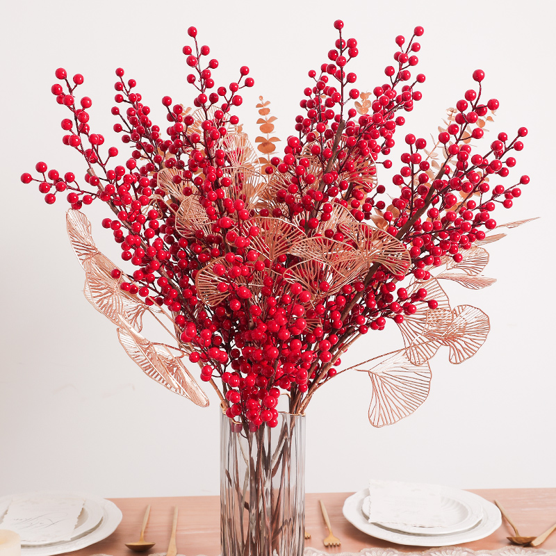 Artificial Red Berry Flowers Bouquet Fake Plant for Home Vas