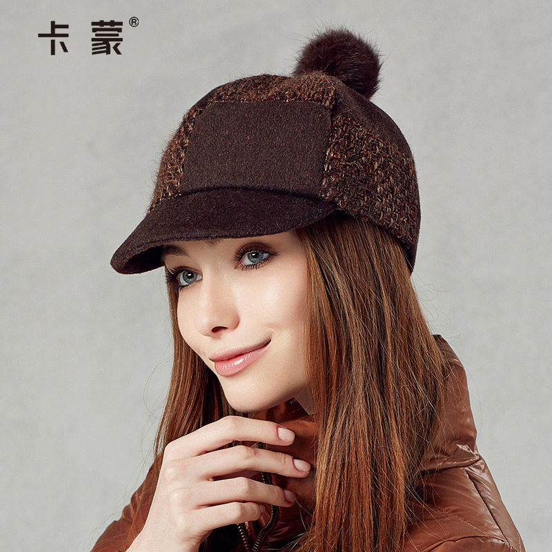 kenmont秋冬帽子女贝雷帽时尚复古韩国潮羊毛呢帽狐狸毛球棒球帽