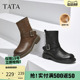 Tata他她复古加绒短靴女靴子羊皮弹力机车靴2024冬季 CFC01DZ4 新款