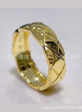 菱格戒指925纯银镀18K金精工艺宽窄版情侣时尚优雅甜酷风菱格戒指