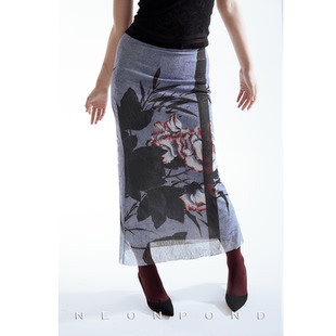 NEONPOND天池秘境 灰调印花高弹网纱拖地双层珠闪半裙