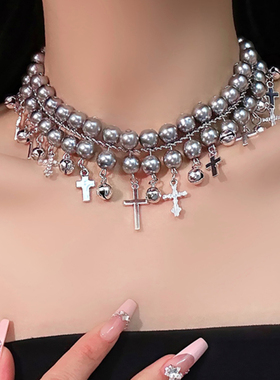 双层灰色串珠choker项圈女颈环十字架铃铛吊坠项链锁骨链颈链配饰