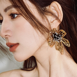 欧美黑金大丽花耳钉小众浮夸个性大花朵显脸小耳环饰品金属风