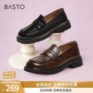 粗跟女单鞋 小皮鞋 A3512CA4 英伦风牛皮乐福鞋 百思图春夏商场新款