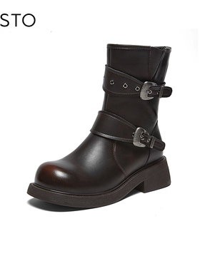 百思图冬季新款英伦西部靴复古粗跟马丁靴女中筒靴W9201DZ5