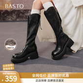 百思图2025冬商场新款 加绒高跟骑士靴粗跟女显瘦V口长靴F2181DG5