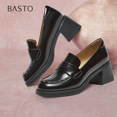 百思图2025春季商场新款通勤英伦乐福鞋小皮鞋粗跟女单鞋A3212AA5