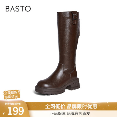 百思图冬季新款骑士靴粗腿显瘦大筒围粗跟女高筒长靴F2271DG5